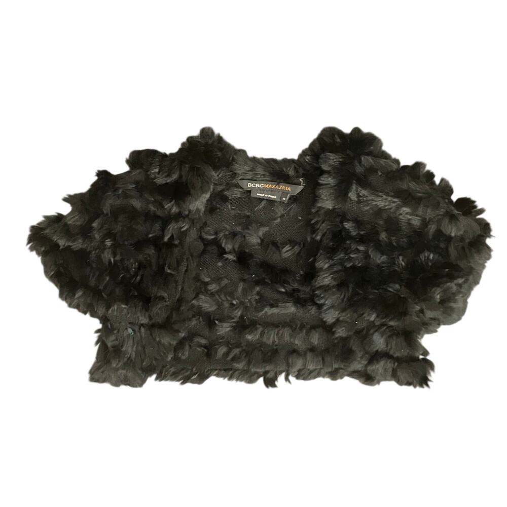 BCBG Max Azria XS Black Rabbit Fur Wool Shrug Cropped Bolero Luxe Evening Top UK